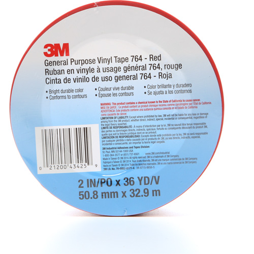 764 General-Purpose Vinyl Tape, 50.8 mm (2") W x 32.9 m (108') L, 5 mils, Red OSI Industrial Sales