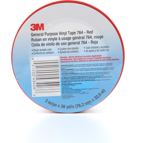764 General-Purpose Vinyl Tape, 76 mm (3") W x 32.9 m (108') L, 5 mils, Red OSI Industrial Sales