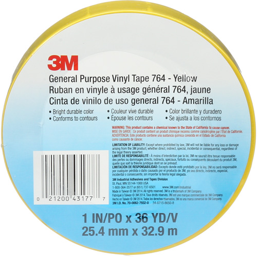 Ruban en vinyle pour travaux g&eacute;n&eacute;raux 764, 25,4 mm (1") la x 32,9 m (108') lo, 5 mils, Jaune OSI Industrial Sales