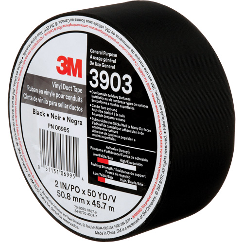3903 Vinyl Duct Tape, 48 mm (2") W x 45 m (148') L, 6.5 mils, Black OSI Industrial Sales