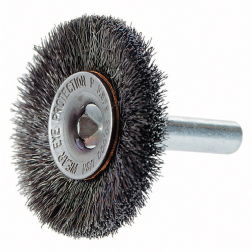Crimped Wire Wheel Brush with 1/4" Shank, 3" Dia., 0.014" Fill, 1/4" Arbor OSI Industrial Sales