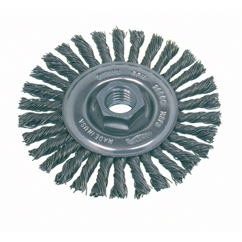 Brosse rotative &agrave; fils nou&eacute;s pour petites meuleuses haute vitesse, pour passe de fond, Dia. 4", Fils 0,02", Arbre 5/8"-11, Acier inoxydable OSI Industrial Sales