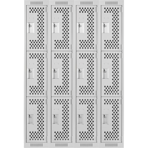 Clean Line Lockers, 3 -tier, Bank of 4, 48" x 12" x 72", Steel, Grey, Rivet (Assembled), Perforated OSI Industrial Sales