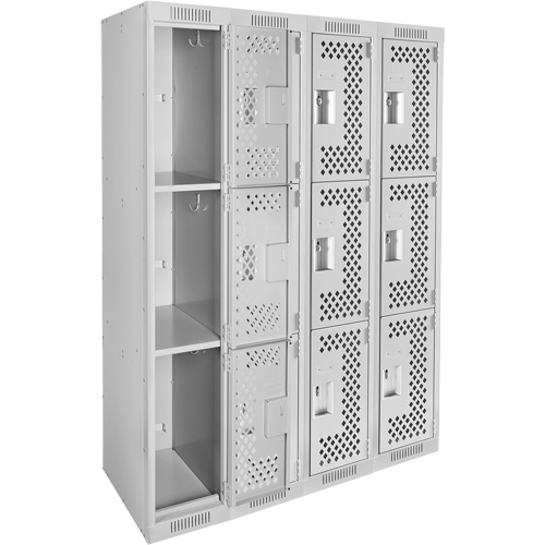 Clean Line Lockers, 3 -tier, Bank of 4, 48" x 12" x 72", Steel, Grey, Rivet (Assembled), Perforated OSI Industrial Sales