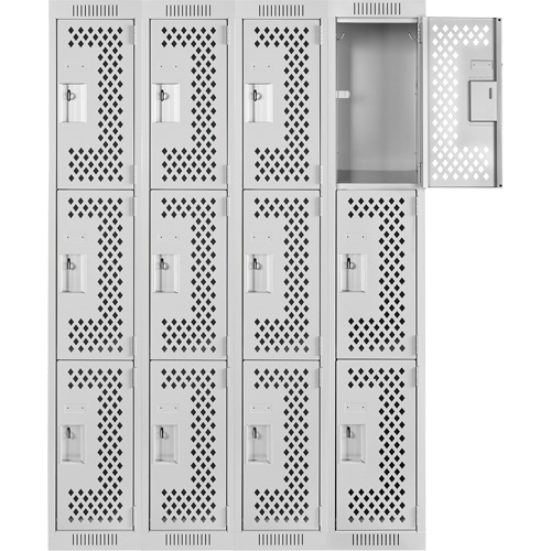 Clean Line Lockers, 3 -tier, Bank of 4, 48" x 12" x 72", Steel, Grey, Rivet (Assembled), Perforated OSI Industrial Sales