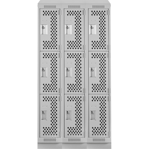 Clean Line Lockers, 3 -tier, Bank of 3, 36" x 18" x 82", Steel, Grey, Rivet (Assembled), Perforated OSI Industrial Sales