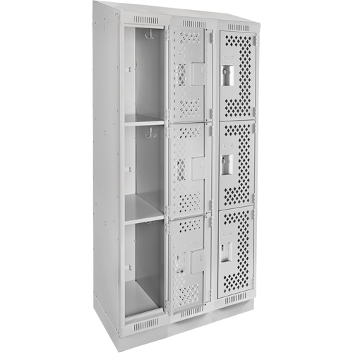 Clean Line Lockers, 3 -tier, Bank of 3, 36" x 18" x 82", Steel, Grey, Rivet (Assembled), Perforated OSI Industrial Sales