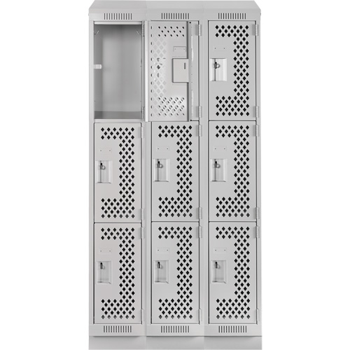 Clean Line Lockers, 3 -tier, Bank of 3, 36" x 18" x 82", Steel, Grey, Rivet (Assembled), Perforated OSI Industrial Sales