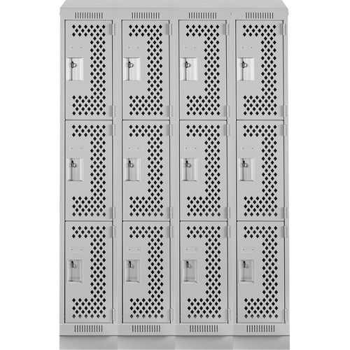 Clean Line Lockers, 3 -tier, Bank of 4, 48" x 15" x 82", Steel, Grey, Rivet (Assembled), Perforated OSI Industrial Sales