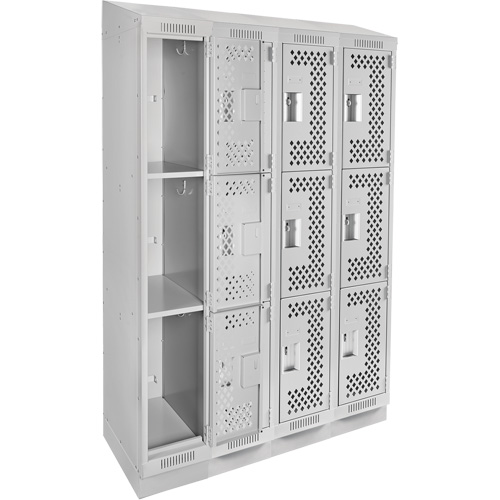Clean Line Lockers, 3 -tier, Bank of 4, 48" x 15" x 82", Steel, Grey, Rivet (Assembled), Perforated OSI Industrial Sales
