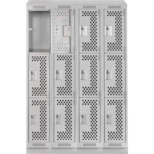 Clean Line Lockers, 3 -tier, Bank of 4, 48" x 15" x 82", Steel, Grey, Rivet (Assembled), Perforated OSI Industrial Sales