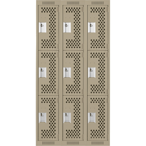 Clean Line Lockers, 3 -tier, Bank of 3, 36" x 12" x 72", Steel, Beige, Rivet (Assembled), Perforated OSI Industrial Sales