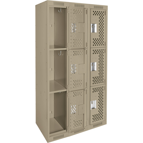 Clean Line Lockers, 3 -tier, Bank of 3, 36" x 12" x 72", Steel, Beige, Rivet (Assembled), Perforated OSI Industrial Sales
