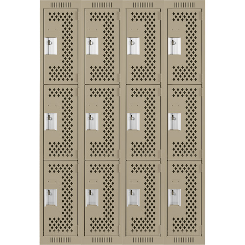 Clean Line Lockers, 3 -tier, Bank of 4, 48" x 12" x 72", Steel, Beige, Rivet (Assembled), Perforated OSI Industrial Sales