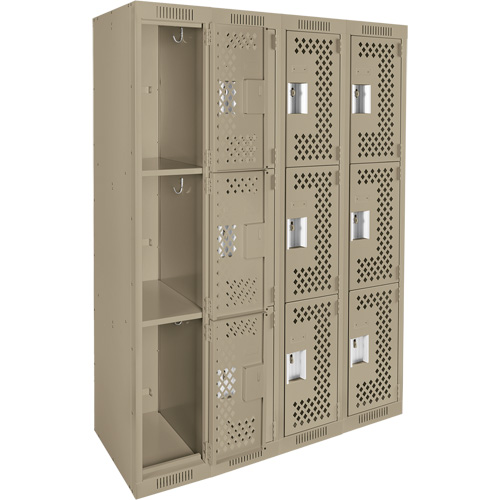 Clean Line Lockers, 3 -tier, Bank of 4, 48" x 12" x 72", Steel, Beige, Rivet (Assembled), Perforated OSI Industrial Sales