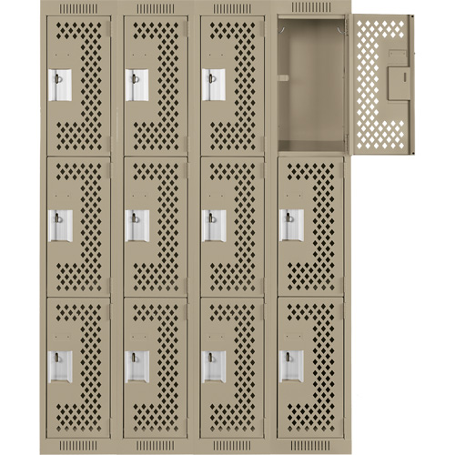 Clean Line Lockers, 3 -tier, Bank of 4, 48" x 12" x 72", Steel, Beige, Rivet (Assembled), Perforated OSI Industrial Sales