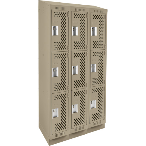 Clean Line Lockers, 3 -tier, Bank of 3, 36" x 15" x 82", Steel, Beige, Rivet (Assembled), Perforated OSI Industrial Sales