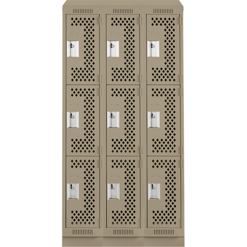 Clean Line Lockers, 3 -tier, Bank of 3, 36" x 15" x 82", Steel, Beige, Rivet (Assembled), Perforated OSI Industrial Sales