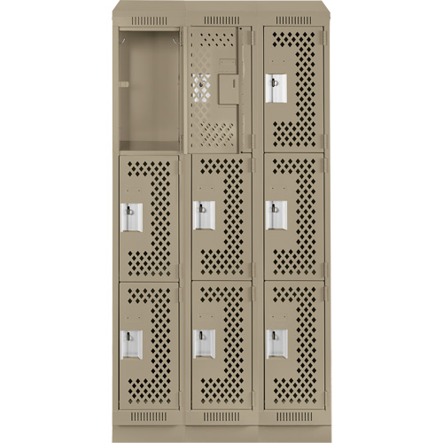 Clean Line Lockers, 3 -tier, Bank of 3, 36" x 15" x 82", Steel, Beige, Rivet (Assembled), Perforated OSI Industrial Sales