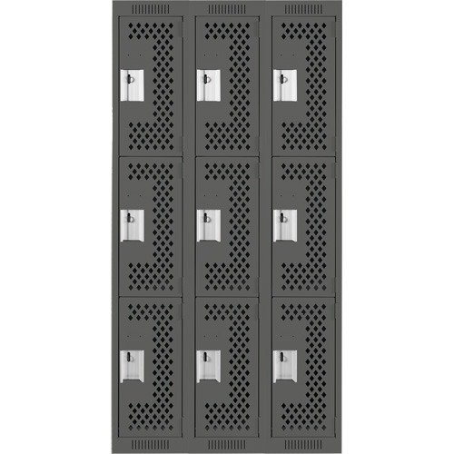 Clean Line Lockers, 3 -tier, Bank of 3, 36" x 12" x 72", Steel, Charcoal, Rivet (Assembled), Perforated OSI Industrial Sales