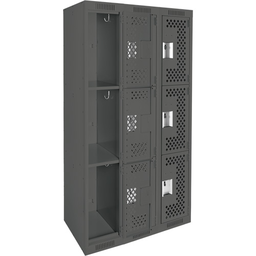 Clean Line Lockers, 3 -tier, Bank of 3, 36" x 12" x 72", Steel, Charcoal, Rivet (Assembled), Perforated OSI Industrial Sales