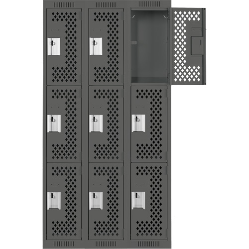 Clean Line Lockers, 3 -tier, Bank of 3, 36" x 12" x 72", Steel, Charcoal, Rivet (Assembled), Perforated OSI Industrial Sales