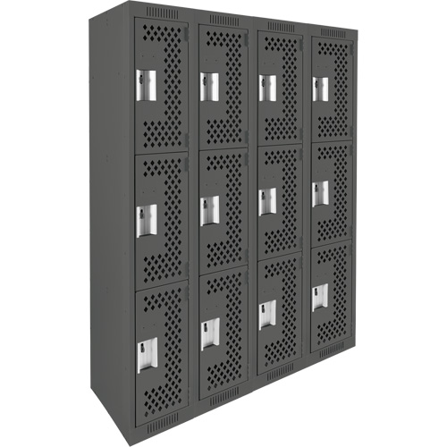 Clean Line Lockers, 3 -tier, Bank of 4, 48" x 12" x 72", Steel, Charcoal, Rivet (Assembled), Perforated OSI Industrial Sales