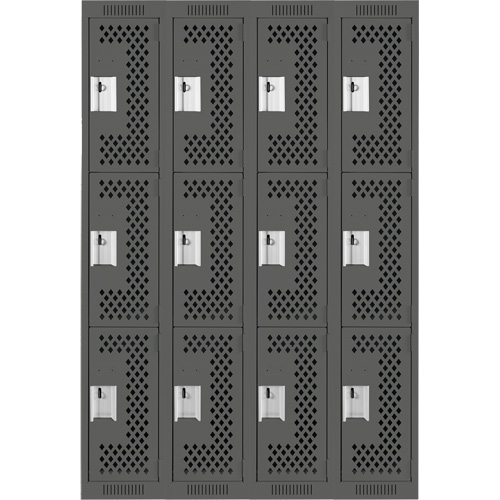 Clean Line Lockers, 3 -tier, Bank of 4, 48" x 12" x 72", Steel, Charcoal, Rivet (Assembled), Perforated OSI Industrial Sales