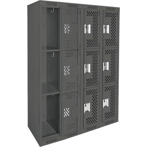 Clean Line Lockers, 3 -tier, Bank of 4, 48" x 12" x 72", Steel, Charcoal, Rivet (Assembled), Perforated OSI Industrial Sales