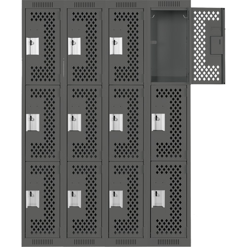 Clean Line Lockers, 3 -tier, Bank of 4, 48" x 12" x 72", Steel, Charcoal, Rivet (Assembled), Perforated OSI Industrial Sales