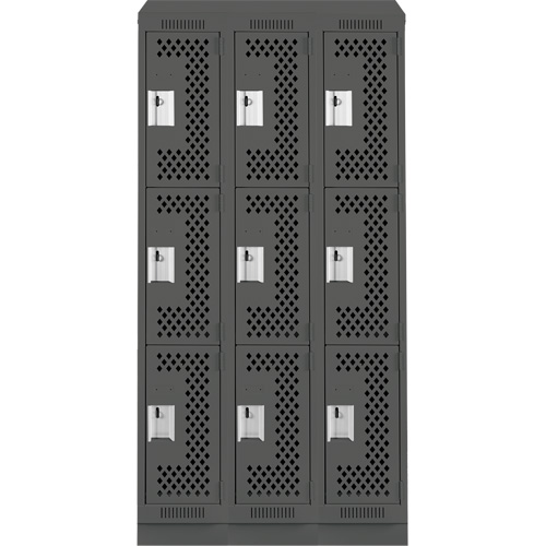 Clean Line Lockers, 3 -tier, Bank of 3, 36" x 15" x 82", Steel, Charcoal, Rivet (Assembled), Perforated OSI Industrial Sales