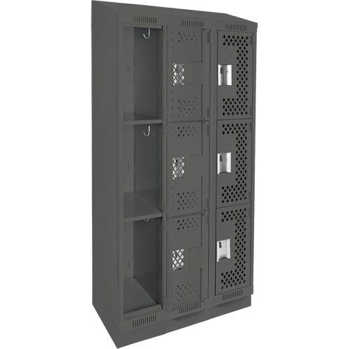 Clean Line Lockers, 3 -tier, Bank of 3, 36" x 15" x 82", Steel, Charcoal, Rivet (Assembled), Perforated OSI Industrial Sales