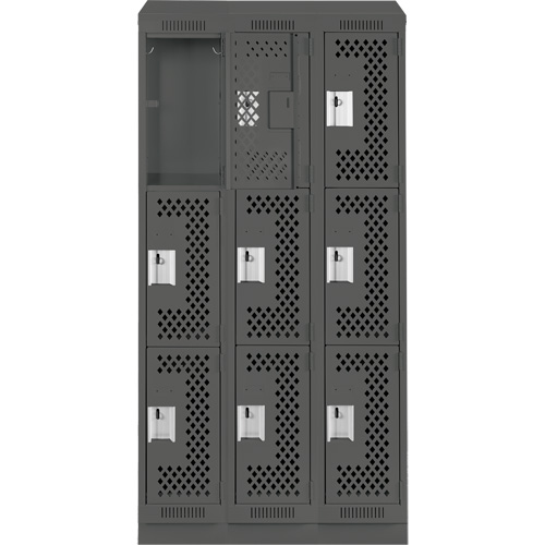 Clean Line Lockers, 3 -tier, Bank of 3, 36" x 15" x 82", Steel, Charcoal, Rivet (Assembled), Perforated OSI Industrial Sales