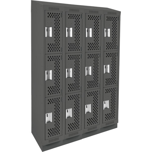 Clean Line Lockers, 3 -tier, Bank of 4, 48" x 18" x 82", Steel, Charcoal, Rivet (Assembled), Perforated OSI Industrial Sales