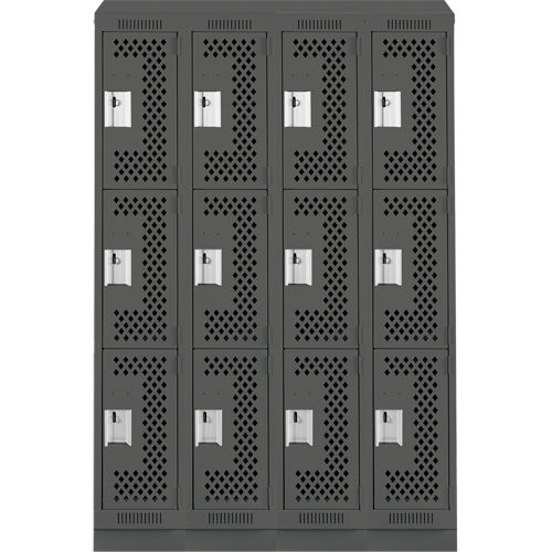 Clean Line Lockers, 3 -tier, Bank of 4, 48" x 18" x 82", Steel, Charcoal, Rivet (Assembled), Perforated OSI Industrial Sales