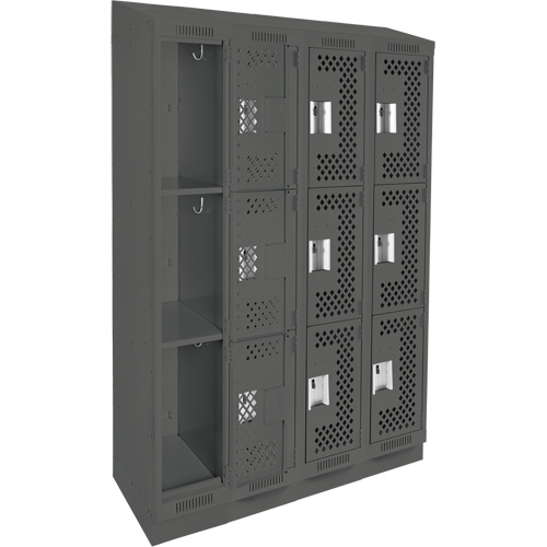 Clean Line Lockers, 3 -tier, Bank of 4, 48" x 18" x 82", Steel, Charcoal, Rivet (Assembled), Perforated OSI Industrial Sales