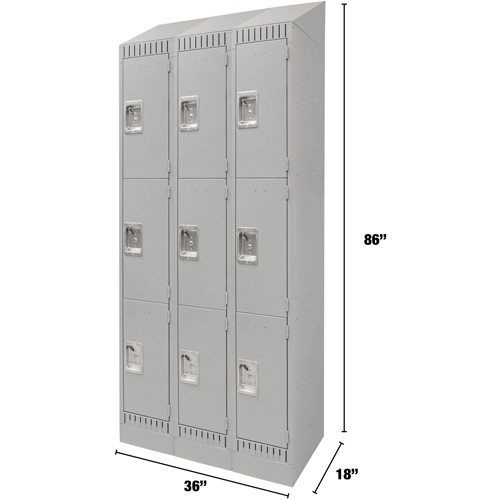 Lockers, 3 -tier, Bank of 3, 36" x 18" x 86", Steel, Grey, Knocked Down OSI Industrial Sales