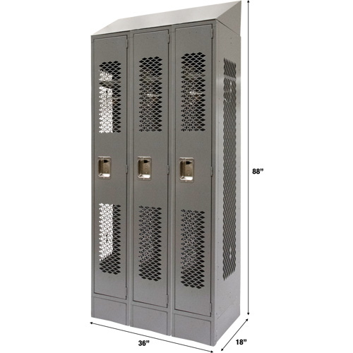 Vented Lockers, Bank of 3, 36" x 18" x 88", Steel, Grey, Knocked Down, Perforated OSI Industrial Sales
