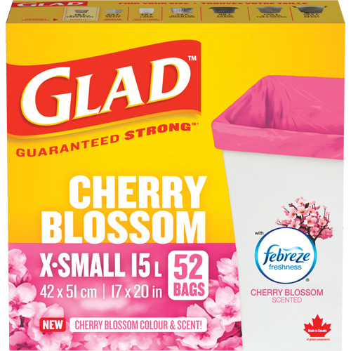Sacs parfum&eacute;s et de couleur fleur de cerisier de Glad, Fort, 17" la x 20" lo, Rose, Capacit&eacute; 15 L (3,96 gal) OSI Industrial Sales