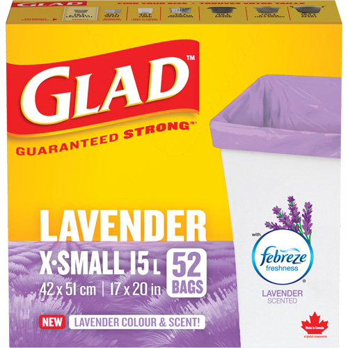Sacs parfum&eacute;s et de couleur lavande de Glad, Fort, 17" la x 20" lo, Mauve, Capacit&eacute; 15 L (3,96 gal) OSI Industrial Sales