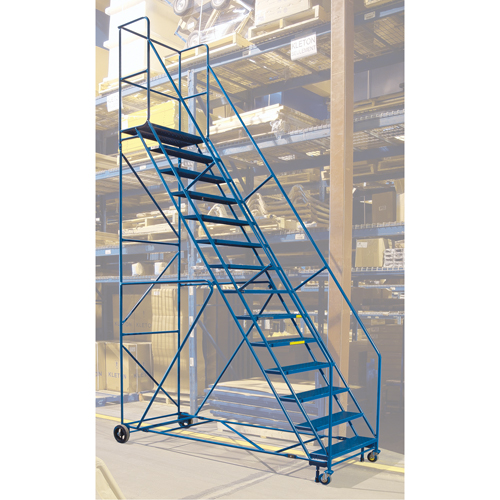 Escabeau roulant certifi&eacute; par la CSA avec pied verrouillable, 14 marches, Largeur de la marche 30", Hauteur de la plateforme 128", Acier OSI Industrial Sales