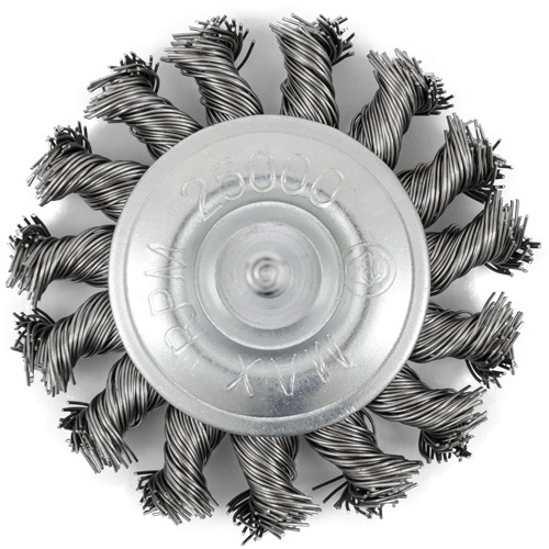 Shaft Mounted Knot Twisted Radial Brush, 3" Dia., 0.02" Fill, 1/4" Arbor, Stainless Steel OSI Industrial Sales