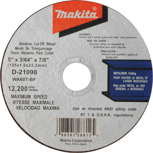 Thin Kerf Cut-Off Wheel, 5" x 3/64", 7/8" Arbor, Type 1, Aluminum Oxide, 12200 RPM OSI Industrial Sales