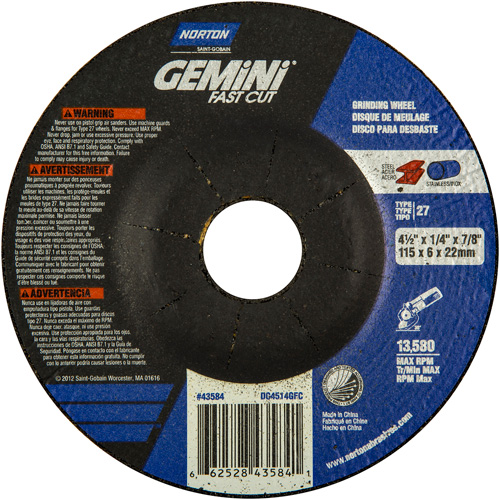 Grinding Wheel, 4-1/2" x 1/4", 7/8" Arbor, Aluminum Oxide, Type 27 OSI Industrial Sales