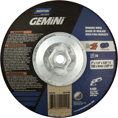 Meule soucoupes Gemini, 7" x 1/4", Arbre 5/8"-11, Oxyde d'aluminium, Type 28 OSI Industrial Sales