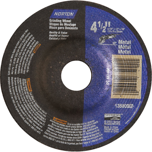 Depressed Centre Metal Grinding Wheels, 4-1/2" x 1/4", 7/8" Arbor, Aluminum Oxide, Type 27 OSI Industrial Sales