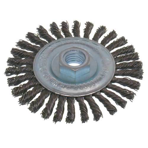 Brosses &eacute;conomiques &agrave; fil nou&eacute;s &agrave; haute vitesse pour cordons de soudure, Dia. 6", Fils 0,02", Arbre 5/8"-11, Acier inoxydable OSI Industrial Sales
