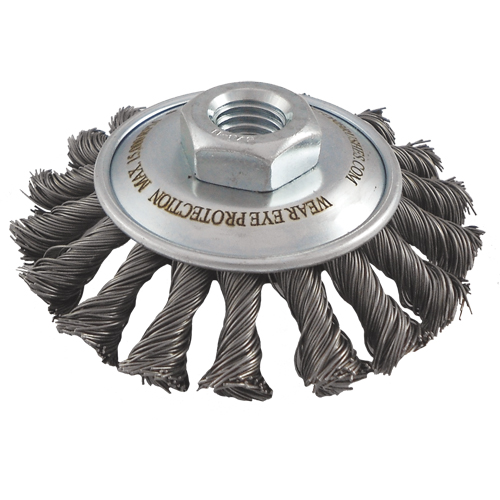 Knotted Wire Wheel Saucer Brushes, 4" Dia., 0.02" Fill, 5/8"-11 Arbor, Steel OSI Industrial Sales