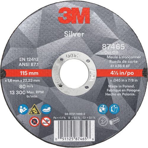 Silver Cut-Off Wheel, 4-1/2" x 0.045", 7/8" Arbor, Type 1, Ceramic, 13300 RPM OSI Industrial Sales