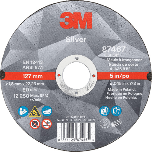 Silver Cut-Off Wheel, 5" x 0.045", 7/8" Arbor, Type 1, Ceramic, 12250 RPM OSI Industrial Sales